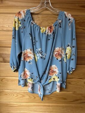 Veronica M Blue Floral Tie-Front 3/4 Sleeve Women’s Blouse Size L